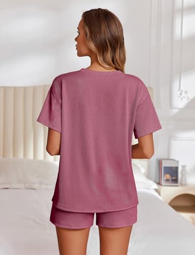 Image of Ekouaer 2 Piece Sets for Women Matching Lounge Sets Summer Outfits | Casual Loungewear, Ribbed Loose Set, Short Sleeve Shirt and Shorts, Crewneck, With Pockets