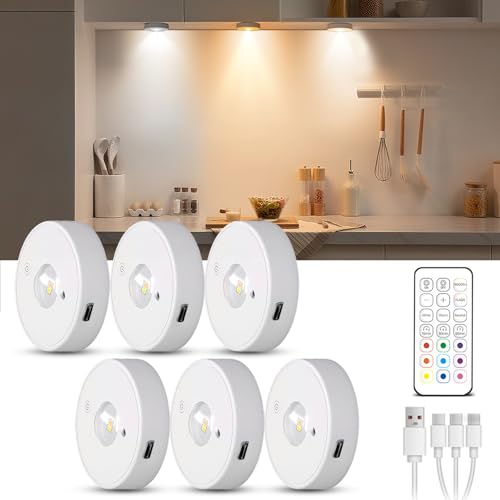 Tomshine 6 Piezas Focos LED para Armarios, Recargables USB, Inalámbricos con Control Remoto, 3 Temperaturas de Color, Función de Temporización, para Cocina, Armarios, Vitrinas