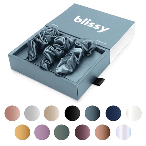 Image of Blissy Silk Scrunchies (3 Pack) - 100% Pure Mulberry Silk - 22 Momme 6A High-Grade Fibers Scrunchie for Straight & Curly Hair - Preventing Breakage, Tangling, & Creasing (Ash Blue Regular)