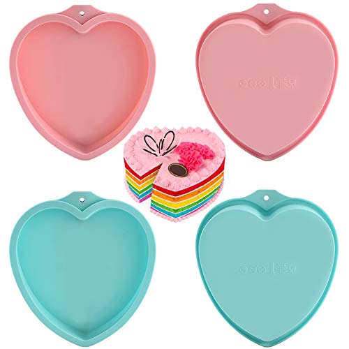 PKUGU Cake Pans - Set of 4, 8 inch Heart Shaped Silicone Cake Pans, Baking Pan Baking Mold Set, Cake Pans Sets for Baking, Non-Stick Layer Cake Pan, Silicone Cake Mold for Layer Cakes/Pancakes/Pizza