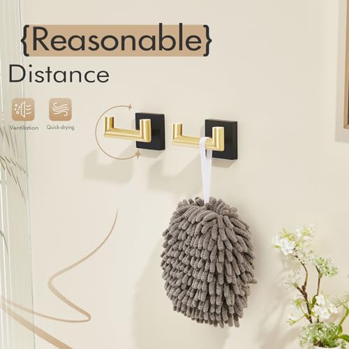 Image of KOKOSIRI Robe Hooks Bath Towel Hooks Bathroom Hardware Double Coat Hooks Wall Mounted, Stainless Steel 2 Pack Black with Gold B1015GDK-P2