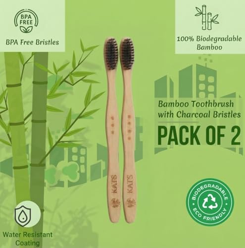 Image of KATS Organic Bamboo Toothbrush for Adults (Pack of 2), Charcoal Activated Soft Bristles, Identification Marks, Biodegradable, Anti-Bacterial, Eco-friendly, Natural, Manual