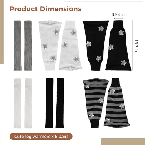 6 Pairs Star Patterned Leg Warmers, Knit Knee-High Socks, Soft Stretchy Acrylic Fiber, Perfect for Chunky Shoes and Daily Outfits, Black, White, Gray, and Striped Styles4