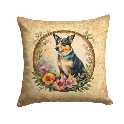 Caroline's Treasures DAC2167PW1414 Lancashire Heeler and Flowers Fabric Decorative Pillow Machine Washable, Indoor Outdoor Decorative Pillow for Couch, Bed or Patio, 14Hx14W