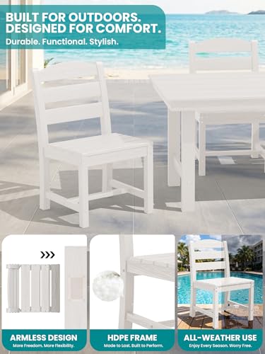 Image of SERWALL Outdoor HDPE Armless Dining Chairs Set of 2,All-Weather Use,White | Weather-resistant dining chairs resist fading and cracking, with armless design for comfortable outdoor seating.