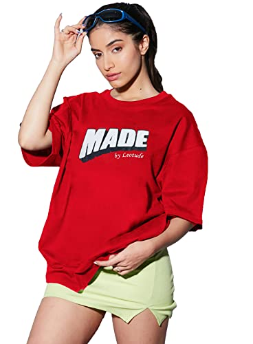 LEOTUDE Women’s Cottonblend Half Sleeve Oversized Drop Shoulder T-Shirt (Color Red) LEOTUDE Women’s Cottonblend Half Sleeve Oversized Drop Shoulder T-Shirt (Color Red)