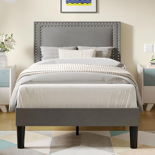 Image of VECELO Twin Size Platform Bed Frame with Height Adjustable Upholstered Headboard, Modern Mattress Foundation,Strong Wood Slat Support, No Box Spring Needed, Easy Assembly, Dark Grey
