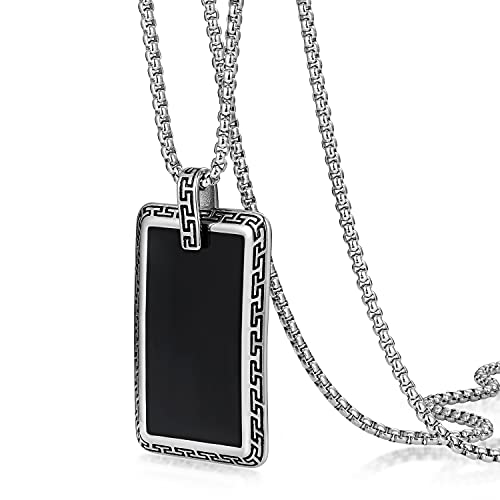 LaSua Dog Tag Chain Pendant Stainless Steel Necklace for Men Women Black Enamel with Meander Pattern Mens Necklace with 24 Inch Box Chain Gifts for Him Mens Jewelry by LaSua - Used condition - Image 7