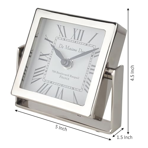 Image of Decor de Maison Brings Handcrafted Time's Canvas - The Table Clock for KidsRoom, Living Room, Bedroom, Study Table|Classic Non-Ticking Battery Operated Analog Desk Clock in Silver (12x3x12cm)