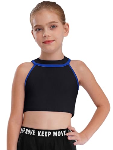 TiaoBug Girls Fashion Ribbed Contrast Color Vest Halter Neck Sleeveless Crop Top for Sports Dance Cheerleading