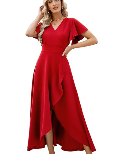 Image of Long Black Formal Dresses for Women Gowns Evening Party Cocktail Dress,Split Elegant V Neck Wrap Ruffle Wedding Guest Dresses