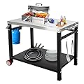 SGOLAN Grill Cart Outdoor Pizza Oven Stand Dining Cart Table with Wheels Hooks and Side Handle Movable Outdoor Cooking Table for Pizza Oven, Patio Grilling Backyard BBQ Grill
