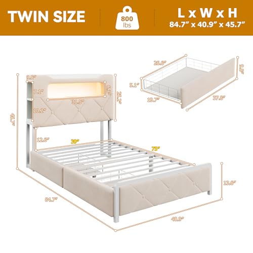 Image of Twin Upholstered LED Bed Frame with 2 Storage Drawers and 2-Tier Storage Bookcase Headboard, Velvet Princess Platform Bed for Kids /Girls /Boys, Heavy Duty Metal Support, No Box Spring Needed, Beige