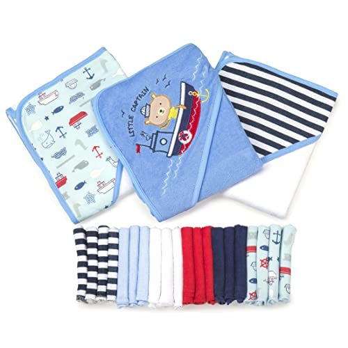 Image of Spasilk 23-Piece Soft Terry Hooded Bath Towel and Washcloth Set, 3 Baby Towels and 20 Baby Washcloths for Newborn Boys and Girls, Navy Nautical