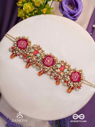 Image of SANJOYA BY EVERSTYLISH Gulratna Jewel Of Roses Handcrafted Rose Choker With Beaded Fringes, Pearls And Gem Details Lightweight Jewelry For Women | Party, Festive, Wedding & Gifting