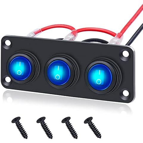 mankk 3 Gang Black Waterproof 12V 20A Rocker Switch Panel 3 Pin On/Off Blue LED Switches for RV, Boat, Trailer,Car,Bus Ect KCD1-8-101NW-BU-BX Cover