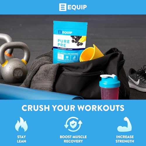 Equip Foods Pure Pre All Natural Pre-Workout Powder | Green Tea Caffeine, Sea Salt, EAA, Vitamin C, B6, B12, L-carnitine, Agnine | Naturally Boosts Workouts | 30 Servings, BlackBerry Lemon Caffeinated