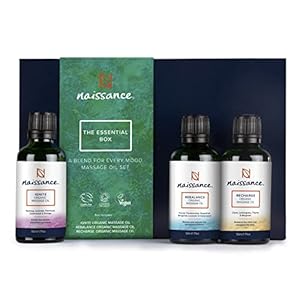 Naissance The Essentials Box Gift Set – Balancing Kit 3 x 50ml Therapeutic Natural Organic Massage Oils – for Any Occasion – Relieve Stress, Energise Mood Relax Muscles Soothing Pampering Date Night