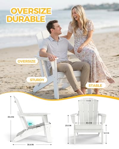 Image of Folding Adirondack Chair Set of 2, HDPE All-Weather Patio Chair, Foldable Fire Pit Seating for Camping, Backyard, Deck & White