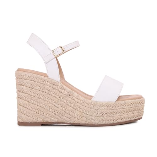 Paiyonan Women's Raffia Strap Espadrille Wedge Sandals - Ankle Buckle Platform Wedges Open Toe Summer Beach Casual Shoes (White, Adult, Women, 9, Numeric, US Footwear Size System, Medium) — view 5