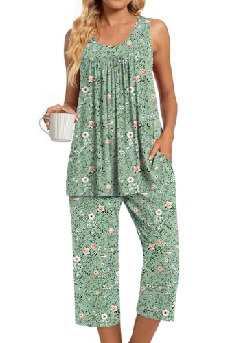Image of TAOHUADAO Womens Summer 2 Piece Pajama Sets, Sleeveless Tops with Capri Pants, Lounge Ladies Pjs Sets with Pockets