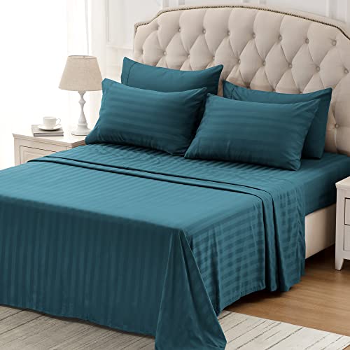SLEEP ZONE Striped Cooling Queen Sheets Set - Fitted Flat Sheet & Pillowcase Sets 4 Piece - Super Soft Stripe Bed Sheet, Easy Care, Deep Pocket (Teal, Queen)