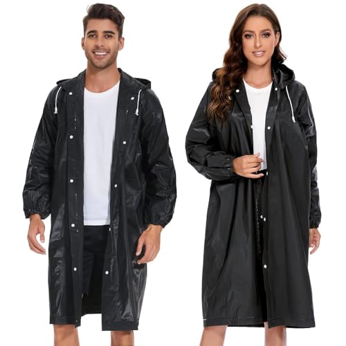 Goodern 2 PCS Adults Raincoat Rain Poncho Reusable EVA Rain Coat for Unisex Lightweight Comfortable Rainproof Poncho Outdoor Travel Fishing Portable Raincoat with Drawstring Hood & Elastic Cuff-Black