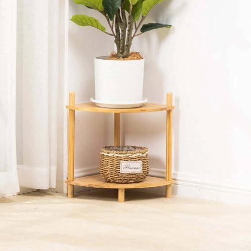 WooFawn 2-Tier Expandable Bamboo Corner Shelf Stand,Corner Bookshelf, Display Storage