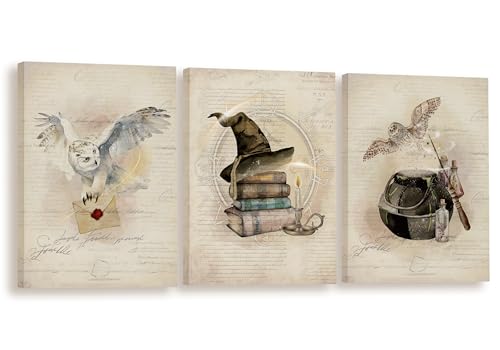 Image of BIWSHA Vintage Retro Magic Wall Art Print,Owl Magic Book Magic Stick Wall Art,Magic Lovers,Magic theme For Girls Woman Room Living Room Home Decor 11x14 Inches Set of 3