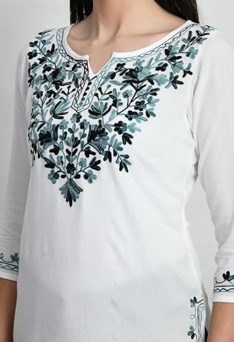 Image of QAZMI Women's Cotton Embroidered Short Kurti (Aari Work) White-Blue XL