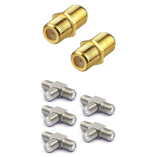 VCE 2-Pack F-Type Coaxial RG6 Cable Connector Gold Plated Bundle with 5-Pack F-Type RG6 Female to 2 Female 3-Way Coax Cable Splitter Adapter
