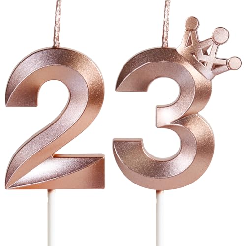 23th Birthday Candles for Cake, Number 23 Rose Gold Candles with Crown, 3D Design Birthday Cake Topper for Women Men Birthday Party Wedding Anniversary Celebration Decorations Supplies