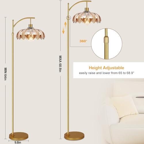 Image of AHDWDW Gold Arc Floor Lamp for Living Room with Remote,Dimmable Modern Floor Lamps with Amber Glass Shade,Unique Vintage Flower Standing Tall Lamp,Mid Century Floor Lamps for Bedroom Office Corner