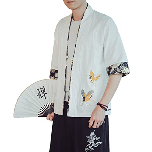Image of PRIJOUHE Men's Kimono Jackets Cardigan Lightweight Casual Cotton Blends Linen Seven Sleeves Open Front Coat Outwear