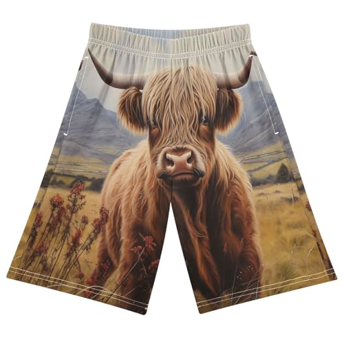 ALAZA Scotland Cattle Highland Cow Boys Athletic Shorts Kids with Pockets Shorts for boy Girl Size 6-8 Years Multicolor