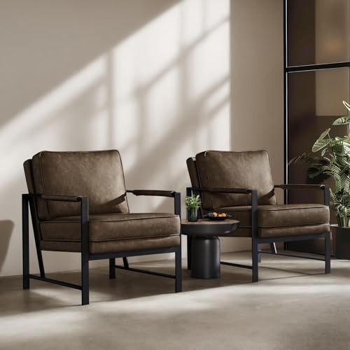 Image of Yaheetech Mid-Century Modern Accent Chairs Set of 2, Brown | Oversized Faux Leather Chair with Soft Cushion, Ergonomic 105 Back, Reading Chair for Living Room, Bedroom and Waiting Room