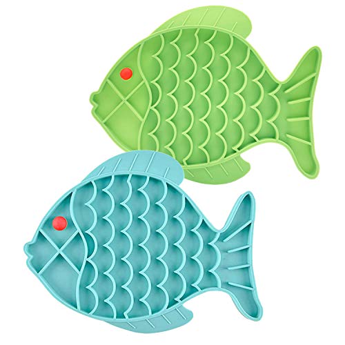 Cat Lick Treat Mat, 2 Pack Fish-Shaped Puzzle Feeder for Cats & Dogs, Anxiety Relief, Fun Alternative to Slow Feeder (Blue and Green) Double fish shape