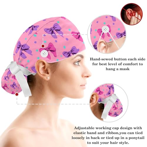 Image of Butterfly Scrub Cap Women with Ponytail & Buttons Adjustable Surgical Nurse Hat with Cotton Sweatband for Long Hair