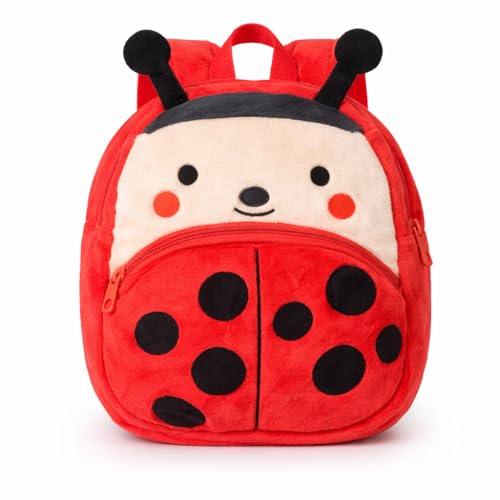 Mini Mochila Infantil de Bichinhos em Poliéster Tipo Pelúcia 2 Bolsos, Alça Regulável, Leve e Resistente para Escola, Passeio e Dia a Dia Estampa de Animais. (Joaninha)