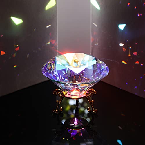 SWTHONY 80mm(3.15 inch) Crystal Big Fake Diamond Paperweight Rainbow Maker, Background for Nail Pictures, with Gold Metal Base Home Decor (AB-Coated)