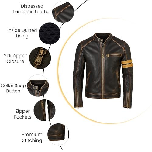 Image of Men Vintage Style Distressed Premium Lambskin Leather Jacket | Black Motorcycle Genuine Cafe Racer Biker Coat
