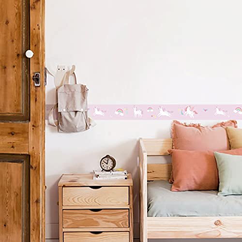 Funlife 1 Roll Wall Border Stickers Peel And Stick, Vinyl Ceiling Border Wallpaper Art Decor, Baseboard Wall Waist Sticker Border Decals For Kids Room Nursery Room Playroom, Pink, Unicorn #TOP2
