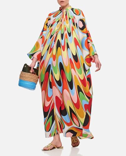 Image of Women's Soft Satin Silk Kaftan - Designer Printed Luxury Resort Wear - Multi Color Long Caftan Dress