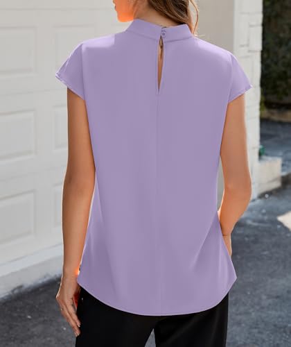 Image of Funlingo Womens Summer Tops Mock Neck Short Cap Sleeve Blouses Business Casual Work Chiffon Shirts Front Pleated Tunic Top