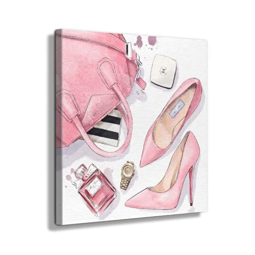 Agcary Female Bedroom Canvas Wall Art Decor Perfume Handbag High Heel Print Picture Wall Decor For Teen Girls Room Living Room Modern Woman Room Framed Wall Decorations 12X12 Ready To Hang #TOP8