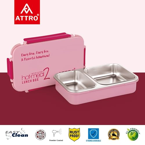 Image of ATTRO Hot-Meal 2 Insulated Lunch Box with 2 Compartment, Inner Stainless Steel & Locking Lid BPA-Free Food Grade Ideal for School, Office - 800ml Peach