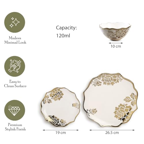 Image of Timeless Elegance Gold Plated 18 Piece Dinner Set for 6 | Premium White & Gold Porcelain Crockery Set with Scalloped Rim | 6 Dinner Plates, 6 Quarter Plates & 6 Veg Bowls (DSS03)