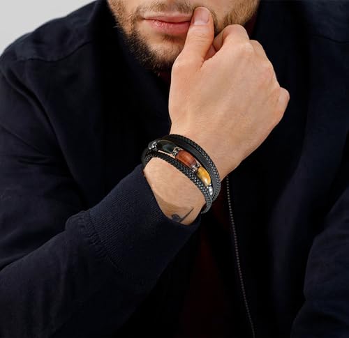Pulsera para hombre con cuero y piedra ojo de tigre miniatura 2