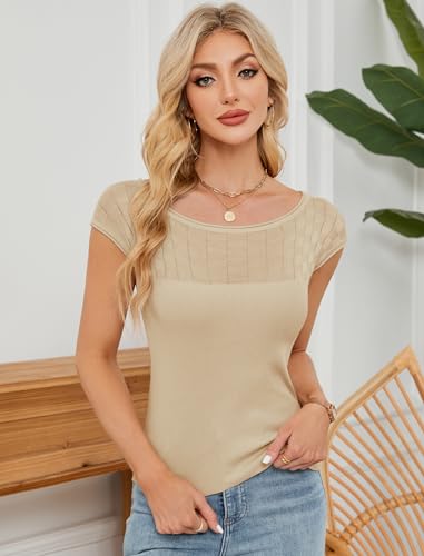 Image of ZAFUL Womens Summer Tops 2025 Off The Shoulder Cap Sleeve Ribbed Knit Trendy Slim Fit Going Out Shirts Lightweight Sweaters