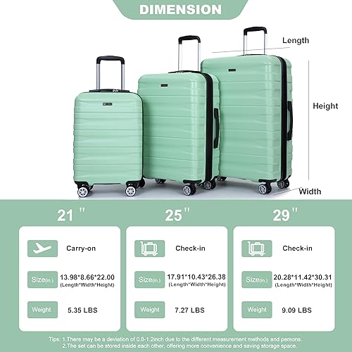 3 Piece Luggage Sets PC Lightweight & Durable Expandable Suitcase with Two Hooks, Double Spinner Wheels, TSA Lock, (21/25/29, Light Green)3
